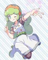 Rule 34 | 1girl, blue eyes, blush stickers, boots, brown pantyhose, brown shirt, dot nose, ess (puyopuyo), floating, green hair, highres, jazz grace, licking lips, long hair, looking at viewer, one eye closed, pantyhose, puyopuyo, puyopuyo tetris, shirt, short hair, solo, striped, striped background, tongue, tongue out, v, white footwear