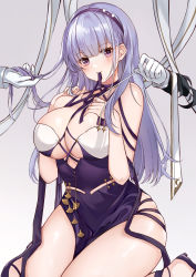 Rule 34 | 1girl, azur lane, bare shoulders, between breasts, breasts, choker, cleavage, clothing cutout, criss-cross halter, dido (anxious bisque doll) (azur lane), dido (azur lane), disembodied hand, dress, frills, gloves, gradient background, hair behind ear, hairband, halter dress, halterneck, highres, holding another&#039;s hair, jewelry, kneeling, large breasts, long hair, looking at viewer, mouth hold, muki (muki kunxd), multiple hands, pelvic curtain, pulling, purple background, purple dress, purple eyes, purple footwear, purple hair, purple hairband, purple ribbon, ribbon, ribbon in mouth, silver hair, skindentation, sleeveless, sleeveless dress, solo focus, strap, streamers, white background, white gloves