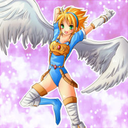 Rule 34 | 1girl, alternate costume, angel wings, armor, blonde hair, blue eyes, boots, breath of fire, breath of fire i, capcom, gloves, green eyes, hairband, leotard, nina (breath of fire i), rugi (lglgl), short hair, solo, thighhighs, white wings, wings