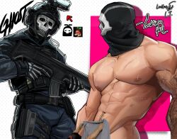 Rule 34 | 1boy, abs, absurdres, arm tattoo, bara, black gloves, black jacket, black pants, bulletproof vest, call of duty, call of duty: modern warfare 2, censored, character name, english text, ghost (modern warfare 2), gloves, gun, helmet, highres, holding, holding gun, holding weapon, jacket, large pectorals, looking at viewer, male focus, mask, muscular, muscular male, navel, nipples, p1nkmic, pants, pectorals, skull mask, tattoo, twitter username, weapon