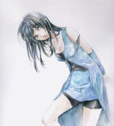 Rule 34 | 1990s (style), 1girl, bike shorts, black hair, detached sleeves, female focus, final fantasy, final fantasy viii, gao., gradient background, long hair, multicolored hair, painting (medium), retro artstyle, rinoa heartilly, skirt, solo, streaked hair, traditional media, watercolor (medium), white background