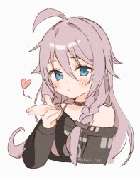 Rule 34 | 1girl, ahoge, alternate hair color, black choker, black shirt, blowing kiss, blue eyes, blush, braid, choker, cropped torso, hair between eyes, hand up, heart, highres, ia (vocaloid), long hair, long sleeves, looking at viewer, off-shoulder shirt, off shoulder, puckered lips, purple hair, shirt, side braid, simple background, single bare shoulder, solo, tananuki, upper body, vocaloid, white background