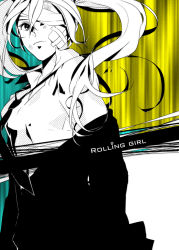 Rule 34 | 1girl, bad id, bad pixiv id, bandages, bandaid, female focus, hatsune miku, long hair, monochrome, necktie, open clothes, open shirt, rolling girl (vocaloid), shirt, solo, tuuuh, twintails, vocaloid