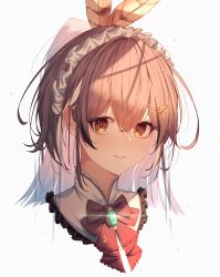 Rule 34 | 1girl, absurdres, bow, bowtie, brown eyes, brown hair, closed mouth, feather hair ornament, feathers, frilled shirt collar, frills, hair between eyes, hair ornament, hairclip, highres, hololive, hololive english, jl tan, light blush, long hair, looking at viewer, maid headdress, multicolored hair, nanashi mumei, portrait, red bow, red bowtie, simple background, smile, solo, streaked hair, virtual youtuber, white background