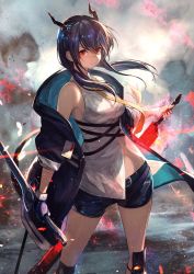 Rule 34 | 1girl, arknights, bare shoulders, belt buckle, black jacket, black shorts, blue hair, breasts, buckle, ch&#039;en (arknights), dragon horns, dragon tail, dual wielding, fingerless gloves, gloves, highres, holding, horns, jacket, large breasts, long hair, looking at viewer, low twintails, midriff peek, necktie, off shoulder, open clothes, open jacket, red eyes, shirataki jiro, shirt, short shorts, shorts, single glove, sleeveless, sleeveless shirt, solo, standing, sword, tail, thighs, twintails, v-shaped eyebrows, weapon, white shirt