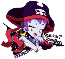 Rule 34 | 1girl, artist name, bare shoulders, breasts, character name, cleavage, colored sclera, colored skin, earrings, hat, jewelry, looking at viewer, medium breasts, necklace, open mouth, pirate hat, purple hair, purple skin, red eyes, risky boots, sakurajyousui nami, shantae (series), solo, upper body, white background, yellow sclera