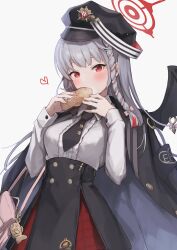 Rule 34 | 1girl, absurdres, black dress, black hat, black jacket, black necktie, black wings, blue archive, braid, breasts, collared shirt, commentary request, demon wings, dress, eating, food, grey hair, halo, haruna (blue archive), hat, heart, highres, holding, holding food, jacket, jacket on shoulders, large breasts, long hair, long sleeves, looking at viewer, multicolored clothes, multicolored dress, necktie, peaked cap, red eyes, red halo, shiratakiseaice, shirt, side braid, simple background, single wing, solo, taiyaki, very long hair, wagashi, white background, white shirt, wing ornament, wing piercing, wings