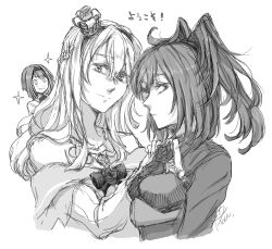 Rule 34 | 3girls, ark royal (kancolle), bob cut, braid, breasts, closed mouth, cropped torso, crown, dress, flower, french braid, greyscale, hair between eyes, hairband, jewelry, kantai collection, long hair, mini crown, monochrome, multiple girls, necklace, off-shoulder dress, off shoulder, ponytail, rose, sheffield (kancolle), short hair, signature, simple background, smile, sparkle, warspite (kancolle), yamada rei (rou)