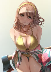 1girl arms_behind_back axe bikini blood blood_on_face bloody_weapon breasts brown_hair cleavage collarbone daiko_(dai1974910) floral_print hairband highres idolmaster idolmaster_cinderella_girls jewelry large_breasts looking_at_viewer medium_hair necklace print_sarong sarong shaded_face solo swimsuit weapon yanagi_kiyora yellow_bikini yellow_hairband