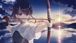Rule 34 | 1girl, archery, arrow (projectile), black hair, bow (weapon), gloves, kusaka kou, kyuudou, mount fuji, muneate, original, outdoors, partially fingerless gloves, ponytail, purple eyes, reflection, sky, solo, sun, twilight, upper body, water, weapon