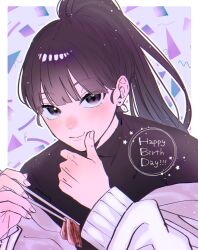 Rule 34 | 1girl, black eyes, black shirt, blunt bangs, blush, border, chopsticks, cloud nine inc, commentary request, finger to cheek, floating hair, food, happy birthday, highres, holding, holding chopsticks, jacket, long hair, long sleeves, looking at viewer, meat, off shoulder, outline, ponytail, puffy sleeves, shirt, solo, tknm ato, upper body, white border, white jacket, white outline, yoshino (utaite)