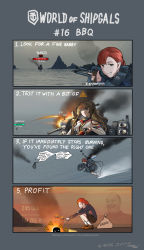 Rule 34 | 2boys, 2girls, 4koma, bag, brown eyes, brown hair, character name, comic, commentary, dated, english commentary, english text, fire, flag, gameplay mechanics, grin, highres, holding, kantai collection, khabarovsk (greythorn032), long hair, looking at viewer, machinery, mountain, multiple boys, multiple girls, ocean, original, ponytail, profanity, red hair, rudder footwear, russian navy, ryan greythorn, shirt, signature, smile, smoke, squatting, star (symbol), striped clothes, striped shirt, telnyashka, turret, water, white shirt, world of warships, yamato (kancolle)