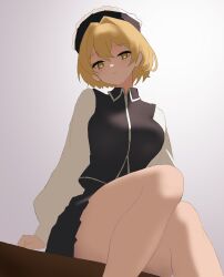 Rule 34 | 1girl, absurdres, bare legs, black hat, black skirt, black vest, blonde hair, closed mouth, commentary request, from below, hat, highres, long sleeves, looking at viewer, lunasa prismriver, moriforest1040, pleated skirt, shirt, short hair, simple background, sitting, skirt, skirt set, solo, touhou, unfinished, vest, white background, white shirt, yellow eyes