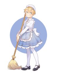 Rule 34 | 1boy, :o, absurdres, alternate costume, apron, black footwear, blonde hair, blue apron, blue bow, blue skirt, blush, bomhat, bow, braid, broom, circle, commentary, crossdressing, crown braid, enmaided, eugeo, frilled apron, frills, full body, green eyes, hair between eyes, hair bow, highres, holding, holding broom, juliet sleeves, long hair, long sleeves, looking at viewer, maid, maid apron, maid headdress, male focus, male maid, mary janes, own hands together, pantyhose, parted lips, puffy sleeves, shirt, shoes, short hair, skirt, sleeve cuffs, solo, standing, sword art online, v arms, white background, white pantyhose, white shirt