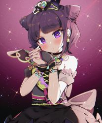 Rule 34 | 1girl, armlet, black dress, blush, bracelet, choker, crown, dress, earrings, highres, jewelry, looking at viewer, open mouth, original, own hands together, purple eyes, purple hair, renoa yu, simple background, sleeveless, solo, sparkle background, star (symbol), star in eye, symbol in eye