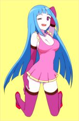 Rule 34 | 1girl, arm up, blue hair, breasts, cleavage, dress, elbow gloves, full body, gloves, kneeling, korita, long hair, looking at viewer, me!me!me!, meme (me!me!me!), one eye closed, open mouth, purple eyes, short dress, smile, solo, thighhighs, very long hair, yellow background
