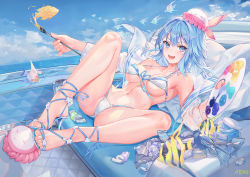 Rule 34 | 1girl, :d, animal, armpits, ass, atdan, bare legs, bare shoulders, bikini, blouse, blue eyes, blue hair, blue theme, breasts, cleavage, day, fantasy, fish, front-tie bikini top, front-tie top, haiyi, halterneck, hat, high heels, highres, holding, jellyfish, large breasts, legs up, long hair, looking at viewer, lying, navel, off shoulder, on back, open clothes, open mouth, open shirt, outdoors, painting (action), palette (object), revision, sandals, shirt, sky, smile, solo, stomach, strap gap, string bikini, swimsuit, synthesizer v, thighs, white bikini, white shirt