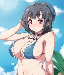 Rule 34 | 10s, 1girl, bad id, bad pixiv id, bikini, bikini top only, black hair, blush, breasts, covered erect nipples, female focus, hat, highres, kantai collection, large breasts, moisture (chichi), navel, outdoors, red eyes, short hair, solo, standing, swimsuit, takao (kancolle), upper body
