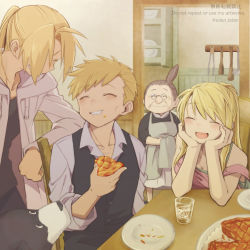 Rule 34 | 2boys, 2girls, :d, ^ ^, alphonse elric, animal, apple pie, apron, bare shoulders, blonde hair, blush, breasts, brothers, buttons, cabinet, chair, cheekbones, cleavage, closed eyes, closed mouth, collarbone, collared shirt, den (fma), dining room, dog, doorway, dress shirt, eating, edward elric, elbow rest, fingernails, food, food on face, fullmetal alchemist, furrowed brow, glass, glasses, grandmother and granddaughter, grey shirt, grin, hair over one eye, hands on own chin, happy, head rest, holding, holding food, indoors, jacket, kitchen, medium breasts, multiple boys, multiple girls, open clothes, open jacket, open mouth, pinako rockbell, plate, ponytail, ru (xremotex), shirt, siblings, sidelocks, sitting, skinny, smile, spoon, standing, swept bangs, table, teeth, twitter username, waistcoat, watermark, winry rockbell
