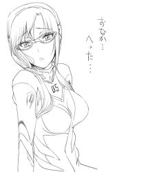 Rule 34 | 00s, 1girl, bodysuit, breasts, from side, glasses, greyscale, hair over shoulder, hairband, hairu, large breasts, lineart, long hair, looking at viewer, low twintails, makinami mari illustrious, monochrome, neon genesis evangelion, parted bangs, parted lips, pilot suit, plugsuit, raised eyebrows, rebuild of evangelion, simple background, solo, turtleneck, twintails, upper body