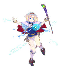 Rule 34 | 1girl, :d, ankle boots, blonde hair, blue eyes, boots, brown footwear, capelet, commentary request, enkyo yuuichirou, full body, hairband, highres, holding, holding staff, looking at viewer, magic, multicolored capelet, open mouth, original, pants, pigeon-toed, red capelet, smile, solo, sparks, staff, white background, white capelet, white pants