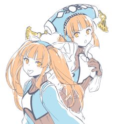 2girls :o :p aqua_hat aqua_shirt blunt_bangs brown_gloves brown_shirt dewprism gloves hat limited_palette long_hair looking_at_another maya_(dewprism) mint_(dewprism) mizuki_riko multiple_girls orange_eyes orange_hair shirt short_hair siblings sidelocks simple_background sisters sketch tongue tongue_out turtleneck twintails undershirt v-shaped_eyebrows white_background