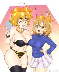 Rule 34 | 2girls, absurdres, antennae, arm around shoulder, arm around waist, arthropod girl, bee girl, bee wings, black bra, black thighhighs, blonde hair, blue shirt, blush, borrowed character, bra, breasts, brown eyes, brown hair, cleavage, crown, dakunart, fur collar, grin, hand on own hip, highres, insect girl, insect wings, large breasts, long sleeves, looking at viewer, medium breasts, mely, multiple girls, navel, one eye closed, panties, shirt, short hair, skirt, smile, sparkle, sparkle background, stinger, striped clothes, striped panties, teeth, thighhighs, underwear, v, white background, white skirt, wings, wink, wristband, yellow eyes, yellow panties