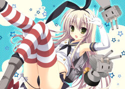 Rule 34 | 1girl, black hairband, black neckerchief, black panties, blonde hair, blush, boots, breasts, buttons, commentary request, crop top, elbow gloves, feet out of frame, gloves, green eyes, hair between eyes, hairband, highleg, highleg panties, kantai collection, long hair, looking at viewer, miniskirt, neckerchief, nekoneko, open mouth, panties, red thighhighs, rensouhou-chan, school uniform, serafuku, shimakaze (kancolle), shirt, skirt, sleeveless, sleeveless shirt, small breasts, smile, star (symbol), striped clothes, striped thighhighs, thighhighs, underwear, very long hair, white gloves, white shirt, white thighhighs