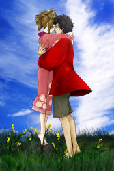 Rule 34 | 00s, 1boy, 1girl, bad id, bad pixiv id, barefoot, blush, brown hair, couple, day, earrings, eye contact, frown, fukunoya, fuu (samurai champloo), height difference, hetero, highres, hug, japanese clothes, jewelry, kimono, looking at another, mugen (samurai champloo), samurai champloo, size difference, sky, smile, squirrel, tiptoes