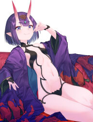 Rule 34 | 1girl, bare shoulders, blush, bob cut, breasts, coffeekite, collarbone, eyeliner, fate/grand order, fate (series), headpiece, highres, horns, japanese clothes, kimono, long sleeves, looking at viewer, makeup, navel, oni, open clothes, open kimono, revealing clothes, short eyebrows, short hair, shuten douji (fate), skin-covered horns, small breasts, smile, solo, thighs
