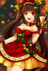 Rule 34 | 1girl, anje, bare shoulders, bell, breasts, brown hair, christmas, cleavage, detached collar, gloves, gs 5th star, hair ribbon, heterochromia, highres, long hair, open mouth, red eyes, red gloves, ribbon, smile, solo, sword girls, twintails, yellow eyes