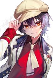 Rule 34 | 1girl, badge, coat, gradient hair, hair between eyes, hat, head tilt, highres, holding, holding clothes, holding hat, light particles, long hair, long sleeves, looking at viewer, multicolored hair, necktie, nixtutyannh, original, purple hair, red eyes, red shirt, shirt, signature, simple background, smile, solo, white background, white coat, white necktie, yellow hat