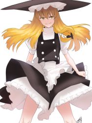 Rule 34 | 1girl, amino (tn7135), apron, bad id, bad pixiv id, blonde hair, bow, hair bow, hair ornament, hat, kirisame marisa, long hair, looking at viewer, puffy sleeves, shirt, short sleeves, signature, simple background, skirt, skirt set, smile, solo, touhou, turtleneck, upskirt, vest, waist apron, white background, witch hat, yellow eyes