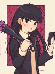 Rule 34 | 1girl, amagami, ayatsuji tsukasa, black bow, black bowtie, black eyes, black hair, black jacket, blazer, blood, blood on face, bloody weapon, blush, book, bow, bowtie, collared shirt, commentary, fang, highres, holding, holding book, holding mace, jacket, kibito high school uniform, long hair, mace, open mouth, pink blood, rabiyamarabi, school uniform, shirt, skin fang, solo, spiked mace, spikes, symbol-only commentary, upper body, weapon