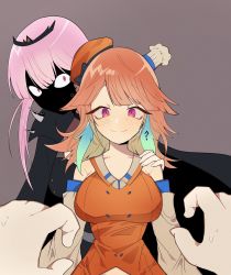 Rule 34 | 1boy, 2girls, ?, blush, bow choker, breasts, chef hat, collarbone, death (entity), detached sleeves, dress, earrings, eyelashes, feather earrings, feathers, gradient hair, grim reaper, hand on another&#039;s shoulder, hat, highres, hololive, hololive english, holomyth, imminent breast grab, jewelry, large breasts, maplemersh26, mini chef hat, mori calliope, multicolored hair, multiple girls, orange hair, orange headwear, pink eyes, pink hair, pov, pov hands, purple eyes, red eyes, shaded face, shoulder spikes, smile, spikes, standing, takanashi kiara, tiara, veil, virtual youtuber, yandere, yuri
