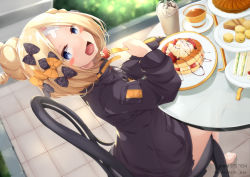 Rule 34 | 1girl, :d, abigail williams (fate), abigail williams (traveling outfit) (fate), absurdres, barefoot, black bow, black jacket, blonde hair, blue eyes, blurry, blurry background, blush stickers, bow, chair, crossed bandaids, cup, depth of field, disposable cup, fate/grand order, fate (series), feet, food, fork, fruit, hair bow, hair bun, hand up, head tilt, heroic spirit traveling outfit, highres, holding, holding fork, jacket, kana616, long hair, long sleeves, looking at viewer, looking to the side, official alternate costume, on chair, open mouth, orange bow, pancake, pancake stack, parted bangs, pie, plate, polka dot, polka dot bow, sandwich, single hair bun, sitting, sleeves past fingers, sleeves past wrists, smile, solo, strawberry, stuffed animal, stuffed toy, table, tea, teacup, teddy bear, tiered tray, twitter username