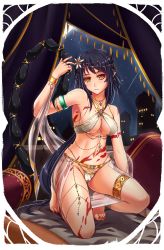 Rule 34 | 1girl, armlet, arthropod girl, barefoot, black hair, bracelet, breasts, cleavage, commentary request, dancer, highres, indoors, jewelry, long hair, medium breasts, midnight (banyex), monster girl, nail polish, navel, necklace, night, orange eyes, original, pink lips, pointy ears, red nails, revealing clothes, ring, scorpion tail, shawl, showgirl skirt, solo, tail, thighlet, toe ring, toenail polish, toenails, very long hair