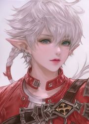 Rule 34 | 1girl, alisaie leveilleur, belt, blue eyes, braid, commentary request, earclip, earrings, elezen, elf, expressionless, final fantasy, final fantasy xiv, grey background, grey hair, hair ribbon, highres, jewelry, korean commentary, lips, long hair, looking at viewer, mandaring0, pointy ears, ponytail, portrait, realistic, ribbon, shoulder belt, simple background, single braid, single earring, solo