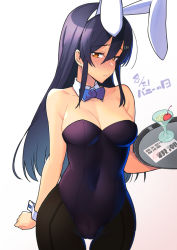 Rule 34 | 1girl, alternate costume, animal ears, black hair, black leotard, blue bow, blue bowtie, blush, bow, bowtie, breasts, bunny day, cherry, cocktail glass, collarbone, covered navel, cowboy shot, cup, date pun, dated, detached collar, drinking glass, embarrassed, fake animal ears, food, fruit, grey eyes, hair between eyes, holding, holding tray, kantai collection, large breasts, leotard, looking at viewer, number pun, oyashio (kancolle), pantyhose, playboy bunny, rabbit ears, simple background, solo, strapless, strapless leotard, taketora suzume, tray, white background, wrist cuffs