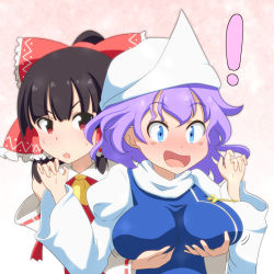 Rule 34 | !, &gt;:o, 2girls, :o, blue eyes, blush, bow, grabbing another&#039;s breast, breast lift, breasts, brown hair, cato (monocatienus), commentary, grabbing, grabbing from behind, groping, hair bow, hair tubes, hakurei reimu, impossible clothes, large bow, large breasts, letty whiterock, long hair, long sleeves, multiple girls, puffy sleeves, purple eyes, red eyes, short hair, surprised, sweat, tears, touhou, v-shaped eyebrows, wavy hair, yuri
