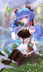 Rule 34 | ahoge, bad id, bad twitter id, bare shoulders, bell, black gloves, black legwear, blue hair, bow, breasts, chinese knot, detached sleeves, flower, flower knot, ganyu (genshin impact), genshin impact, gloves, gold trim, grass, hige sukiyo, highres, holding, holding flower, horns, long hair, looking at viewer, medium breasts, mountain, neck bell, outdoors, purple eyes, red rope, rope, sidelocks, sitting, solo, sweet flower, tassel, thighlet, very long hair, vision (genshin impact), white flower, white sleeves
