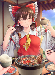Rule 34 | 1girl, 1other, ascot, black hair, blue sky, bow, bowl, chopsticks, closed eyes, closed mouth, cloud, comiket 99, commentary request, detached sleeves, eating, facing viewer, food, hair bow, hair tubes, hakurei reimu, highres, holding, holding bowl, holding chopsticks, indoors, medium hair, nuppa, pov, red bow, ribbon-trimmed sleeves, ribbon trim, shrine, sidelocks, sky, solo focus, touhou, wide sleeves, yellow ascot