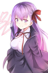 Rule 34 | 10s, 1girl, absurdres, asymmetrical bangs, bb (fate), bb (fate/extra), blush, breasts, brown ribbon, character name, closed mouth, fate/extra, fate/extra ccc, fate (series), hair ribbon, highres, large breasts, long hair, looking at viewer, purple eyes, purple hair, ribbon, shibakame, shibakame (917narto8537), simple background, smile, solo, underbust, white background