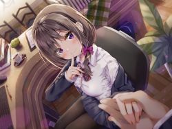 Rule 34 | 1boy, 1girl, bag, black jacket, black pantyhose, black skirt, blurry, blurry background, blush, bow, breasts, brown hair, chair, closed mouth, coffee, collared shirt, commentary request, computer, cup, depth of field, desk, diagonal-striped bow, hair bow, hair over shoulder, hand grab, hand up, head tilt, highres, jacket, keyboard (computer), kuria (clear trip second), long sleeves, looking at viewer, medium breasts, off shoulder, office chair, on chair, open clothes, open jacket, original, out of frame, pantyhose, plaid, plant, pleated skirt, potted plant, purple bow, purple eyes, saucer, school bag, school uniform, shirt, skirt, smile, solo focus, spoon, steam, striped, striped bow, swivel chair, table, white shirt, wooden floor