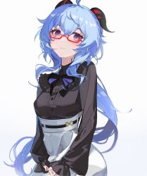 Rule 34 | 1girl, alternate costume, bespectacled, black shirt, blue bow, blue bowtie, blue hair, bow, bowtie, breasts, commentary request, contemporary, ganyu (china merchants bank) (genshin impact), ganyu (genshin impact), genshin impact, glasses, hair between eyes, highres, horns, long hair, long sleeves, medium breasts, own hands together, purple eyes, red-framed eyewear, shirt, skirt, solo, upper body, very long hair, white skirt, yutou (yutou75)