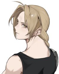 Rule 34 | 1boy, ahoge, black tank top, blonde hair, braid, cbow, closed mouth, edward elric, fullmetal alchemist, highres, long hair, looking at viewer, looking back, male focus, prosthesis, prosthetic arm, simple background, solo, tank top, upper body, white background, yellow eyes