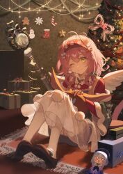 Rule 34 | 1girl, ;), absurdres, amiya (arknights), apron, arknights, black footwear, blush, bow, box, braid, braided hair rings, changjixitingrimu902, character doll, chinese commentary, christmas ornaments, christmas tree, closed mouth, commentary request, detached sleeves, full body, gift, gift box, goldenglow (arknights), goldenglow (maiden for the bright night) (arknights), green apron, green bow, green sleeves, hair bow, hair rings, hairband, highres, indoors, layered sleeves, looking at viewer, medium hair, mizuki (arknights), official alternate costume, one eye closed, orange eyes, pink hair, pom pom (clothes), red hairband, red shirt, shirt, shoes, sitting, skirt, smile, staff, stuffed animal, stuffed rabbit, stuffed toy, white skirt
