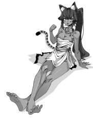 Rule 34 | 1girl, absurdres, animal ears, bare shoulders, barefoot, bracelet, breasts, cat ears, cat tail, cleavage, clenched hand, dark skin, dark-skinned female, feet, ga320aaa, greyscale, highres, jewelry, long hair, looking at viewer, monochrome, necktie, open mouth, original, ponytail, sitting, soles, solo, tail, toes