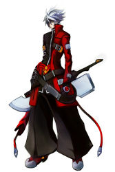 Rule 34 | 1boy, absurdres, belt, blazblue, bloodedge, boots, early type, full body, gloves, green eyes, hair over one eye, hakama, hakama skirt, highres, huge weapon, jacket, japanese clothes, male focus, multiple belts, ragna the bloodedge, red jacket, silver hair, skirt, solo, weapon