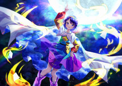 Rule 34 | 1girl, absurdres, bag, black background, blue hair, cape, hairband, highres, index finger raised, long sleeves, looking at viewer, multicolored clothes, multicolored hairband, nettian51, open mouth, pointing, pointing down, pointing up, purple footwear, rainbow, short hair, sky print, smile, tenkyuu chimata, touhou, white cape